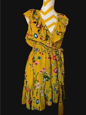 New ‼️ Anthropologie yellow floral ruffle wrap mini dress